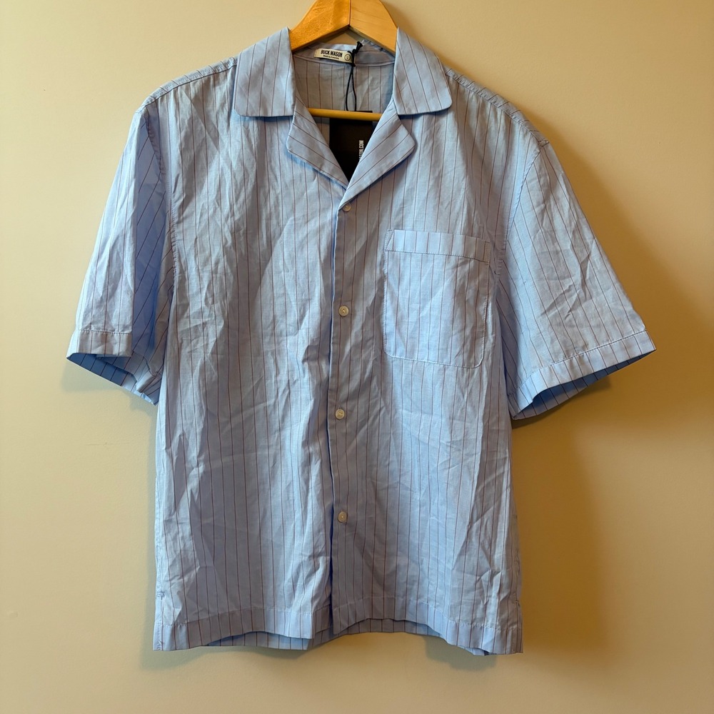 Buck Mason Mens Blue Red Striped Cotton Camp Collar Short Sleeve Shirt Large NWT